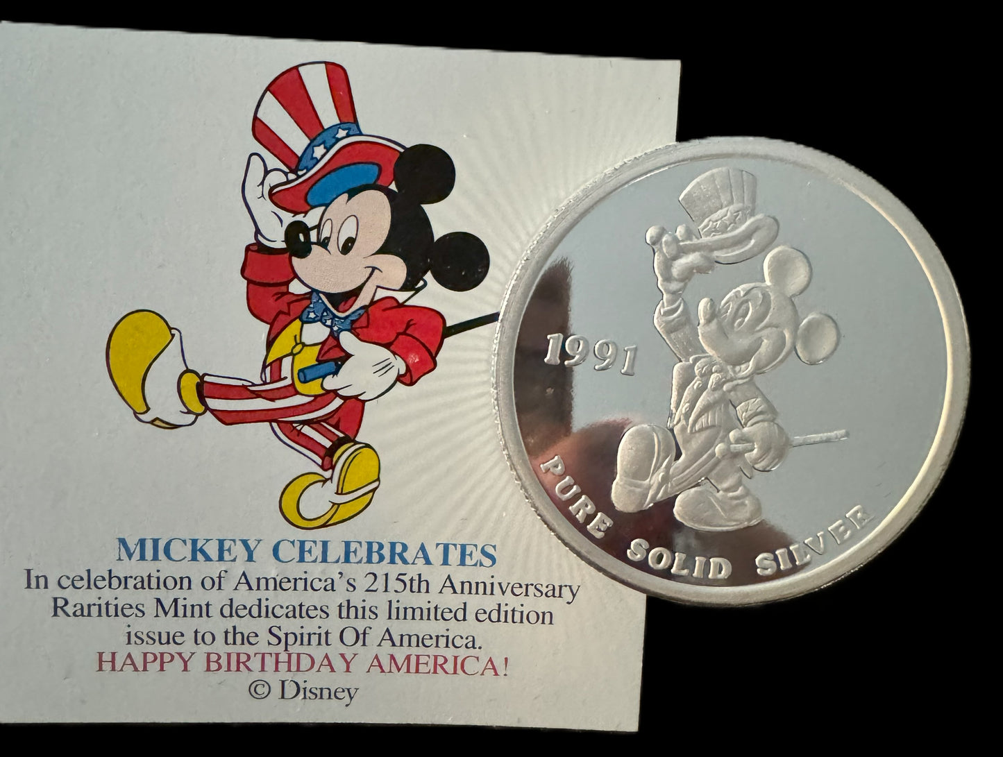 1991 Disney Mickey Mouse Happy Birthday America 1 oz .999 Silver Coin