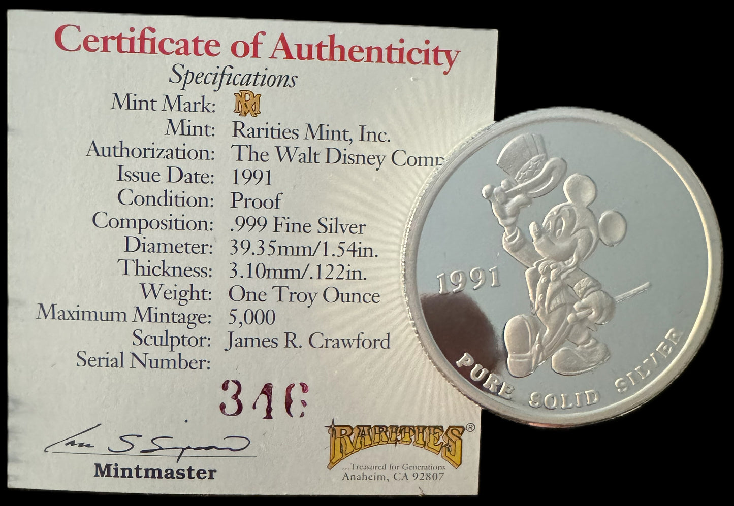 1991 Disney Mickey Mouse Happy Birthday America 1 oz .999 Silver Coin