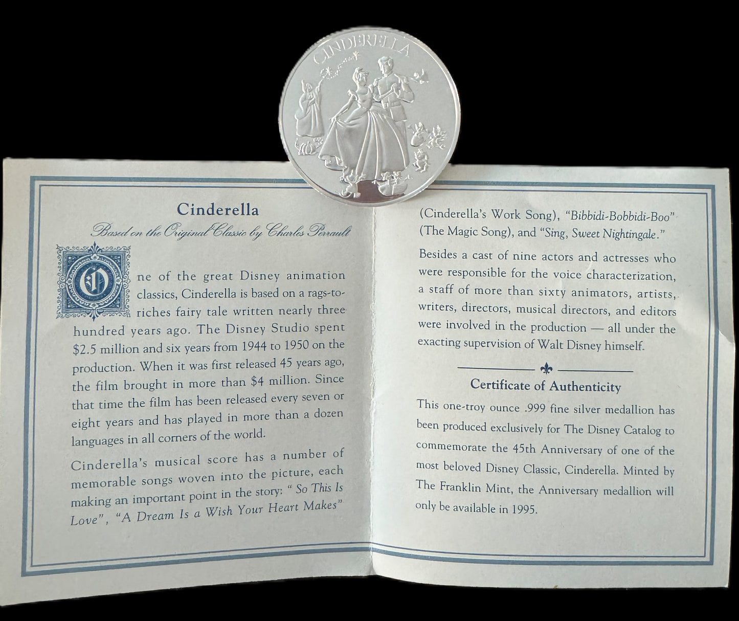 1995 Disney Cinderella 45th Anniversary 1 oz .999 Silver Coin