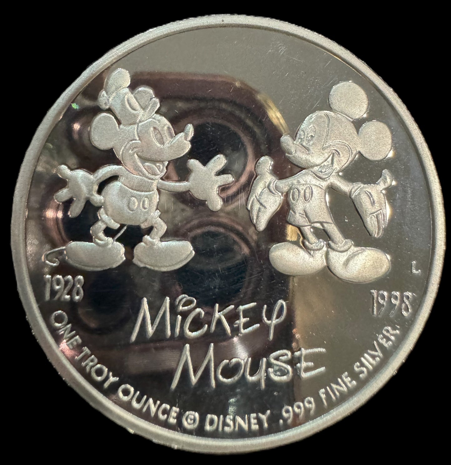 1998 Disney Mickey Mouse 70th Birthday 1 oz .999 Silver Coin