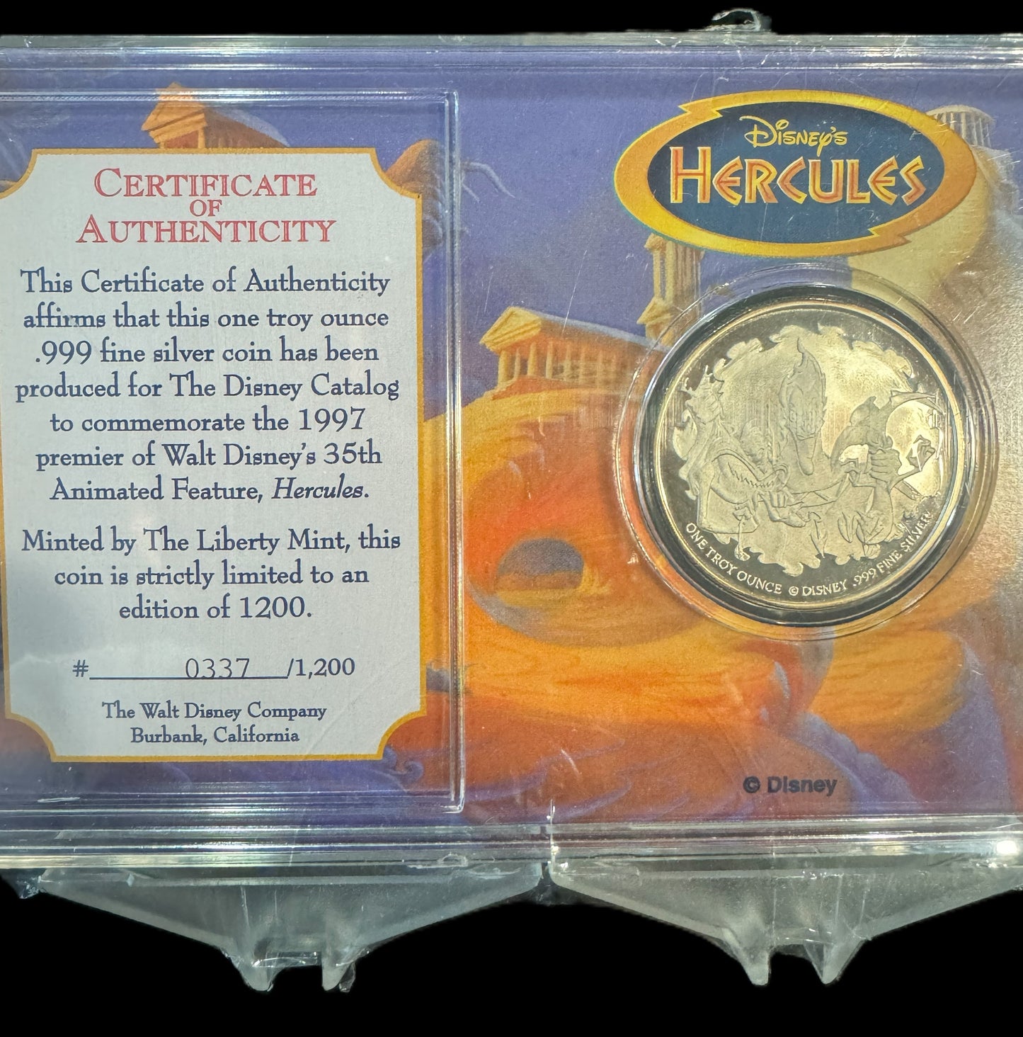 1997 Disney Hercules 35th Anniversary 1 oz .999 Silver Coin