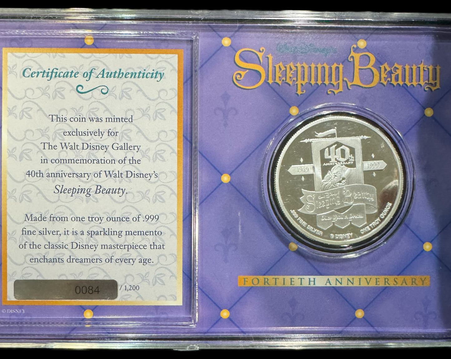 1999 Disney Sleeping Beauty 40th Anniversary 1 oz .999 Silver Coin
