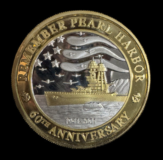 2001 Pearl Harbor 60th Anniversary 1 oz .999 Silver Coin w24 K Gold Relief