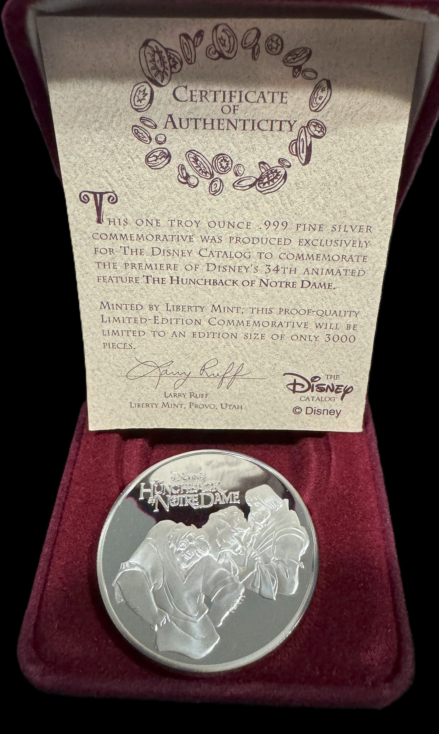 1996 Disney The Hunchback of Notre Dame 1 oz .999 Silver Coin