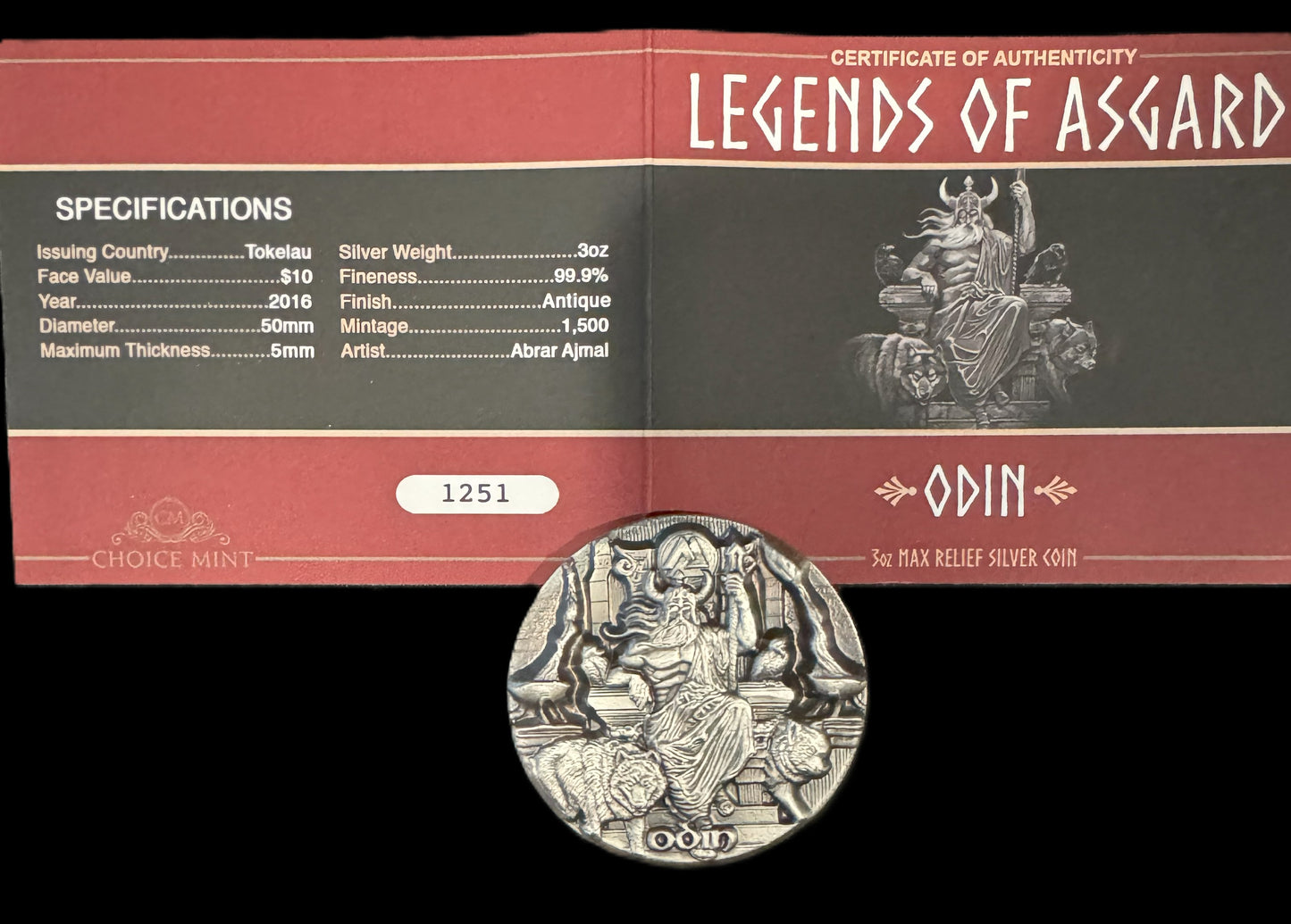2016 Legends of Asgard Odin Ruler of Aesir 3 oz .999 Silver Coin