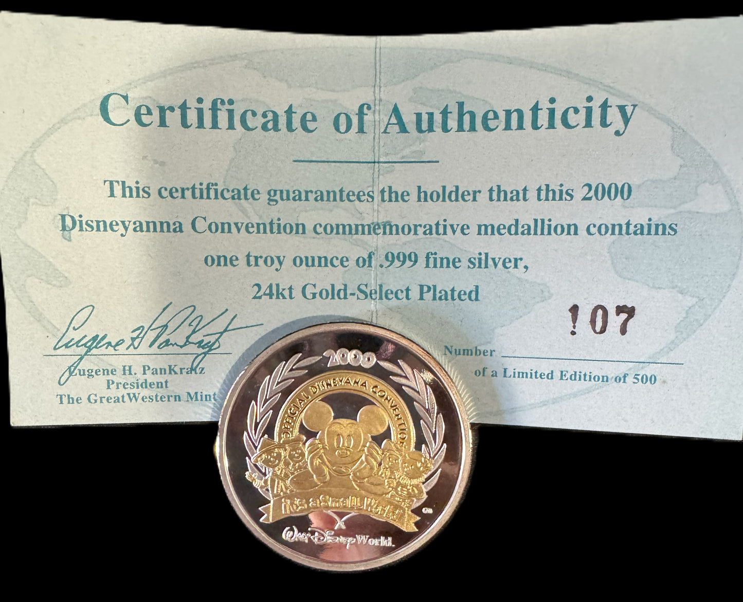 2000 Disneyana Convention 1 oz .999 Silver Coin w/24k Gold Relief
