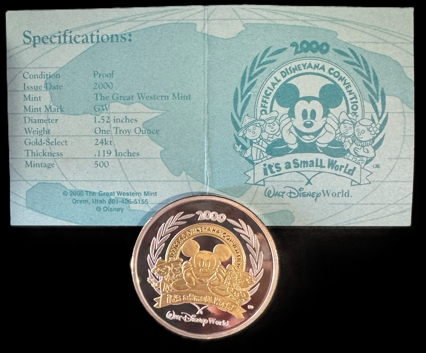 2000 Disneyana Convention 1 oz .999 Silver Coin w/24k Gold Relief