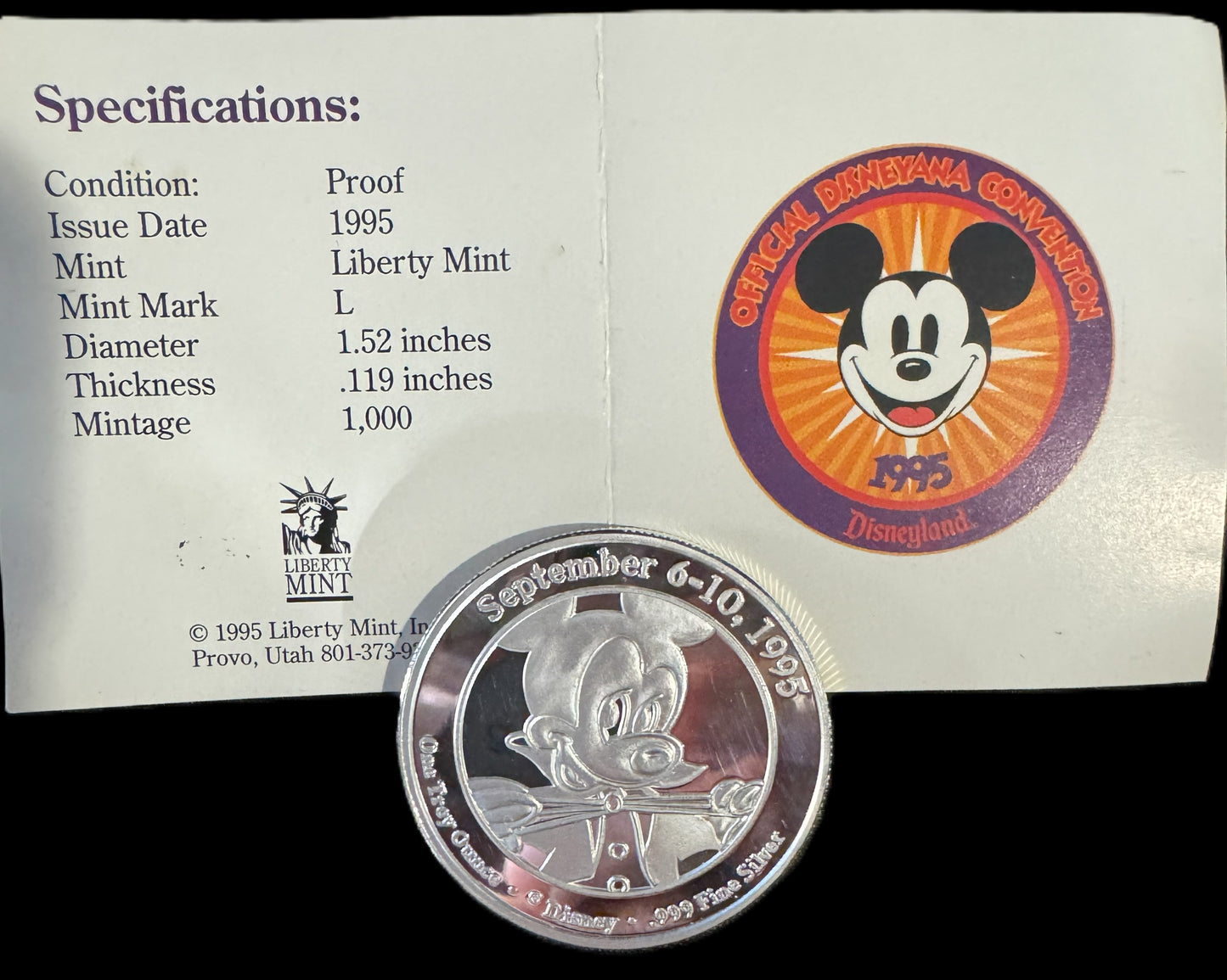 1994 Disneyana Convention 1 oz .999 Silver Coin COA #0818