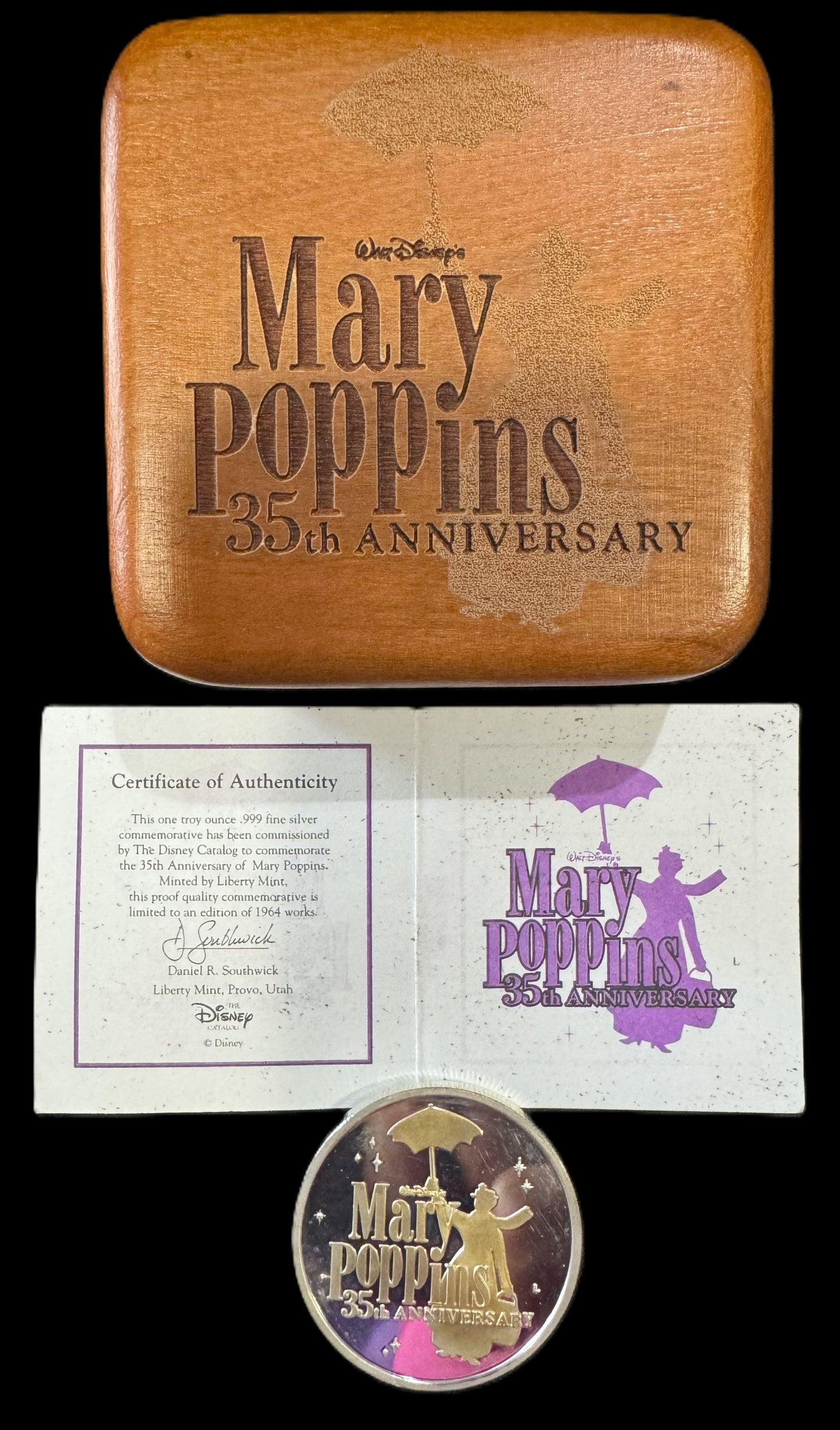 1999 Disney Mary Poppins 35th Anniversary 1 oz .999 Silver Coin w/24K Gold Relief