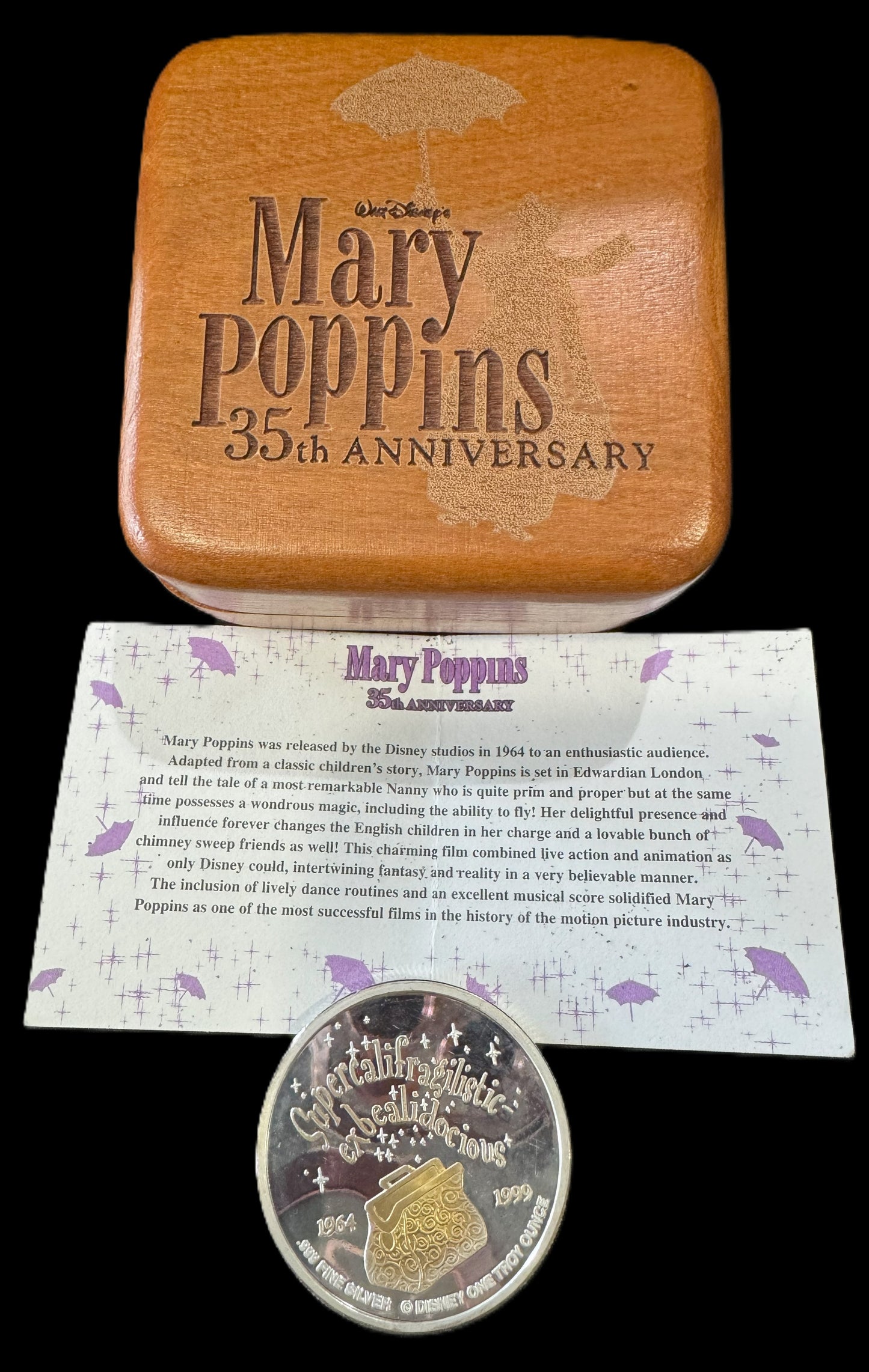 1999 Disney Mary Poppins 35th Anniversary 1 oz .999 Silver Coin w/24K Gold Relief