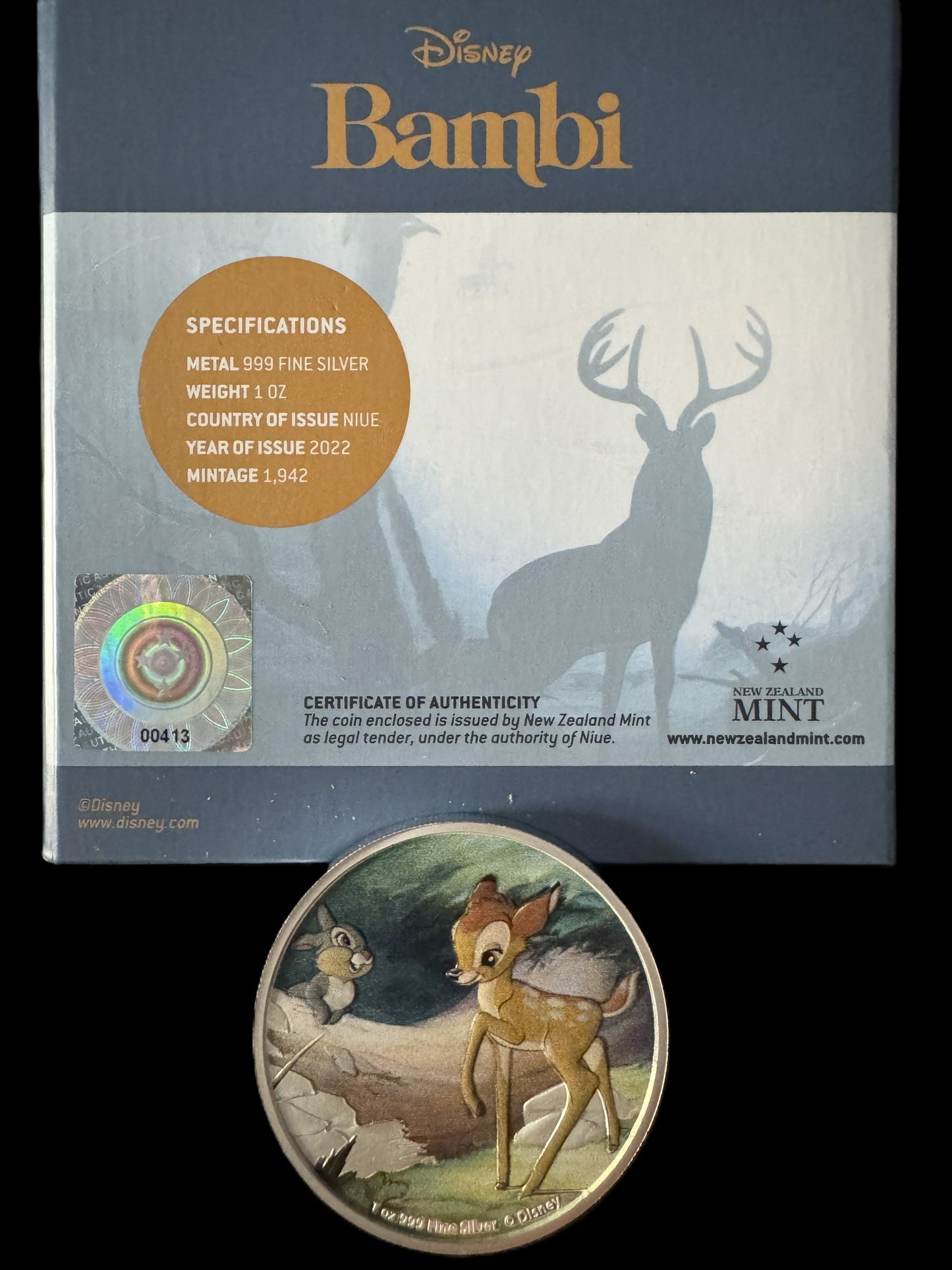 2022 Disney 80th Anniversary Bambi & Thumper 1 oz .999 Silver Coin
