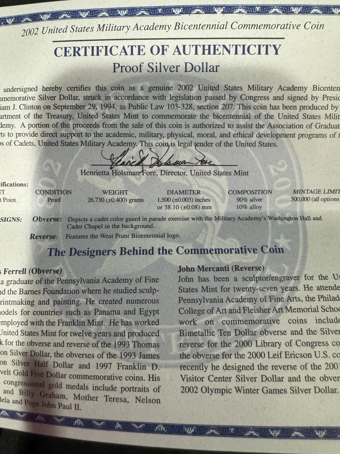 2002 West Point Bicentennial 1 oz .999 Silver Coin