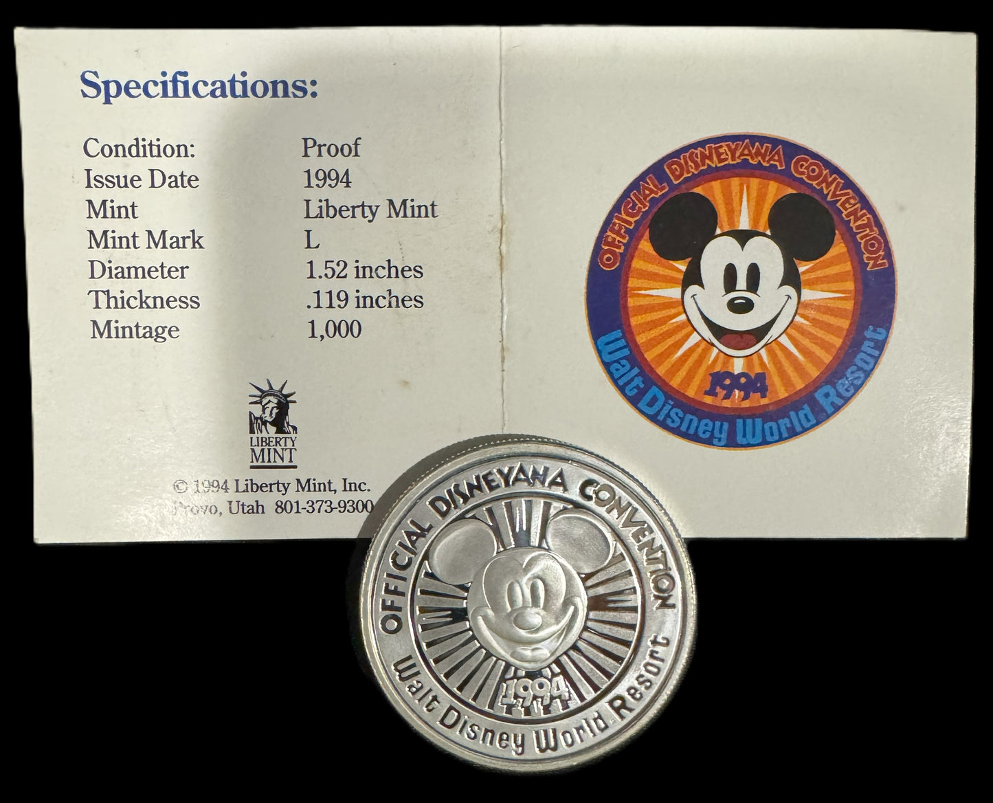 1994 Disneyana Convention 1 oz .999 Silver Coin COA #446