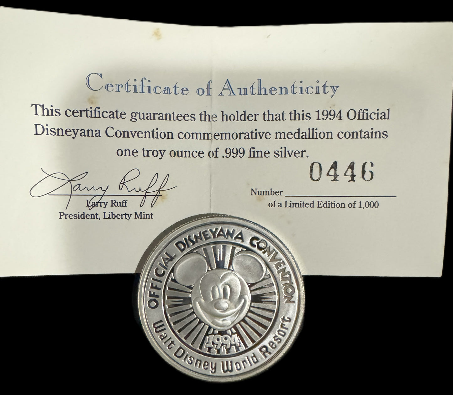 1994 Disneyana Convention 1 oz .999 Silver Coin COA #446
