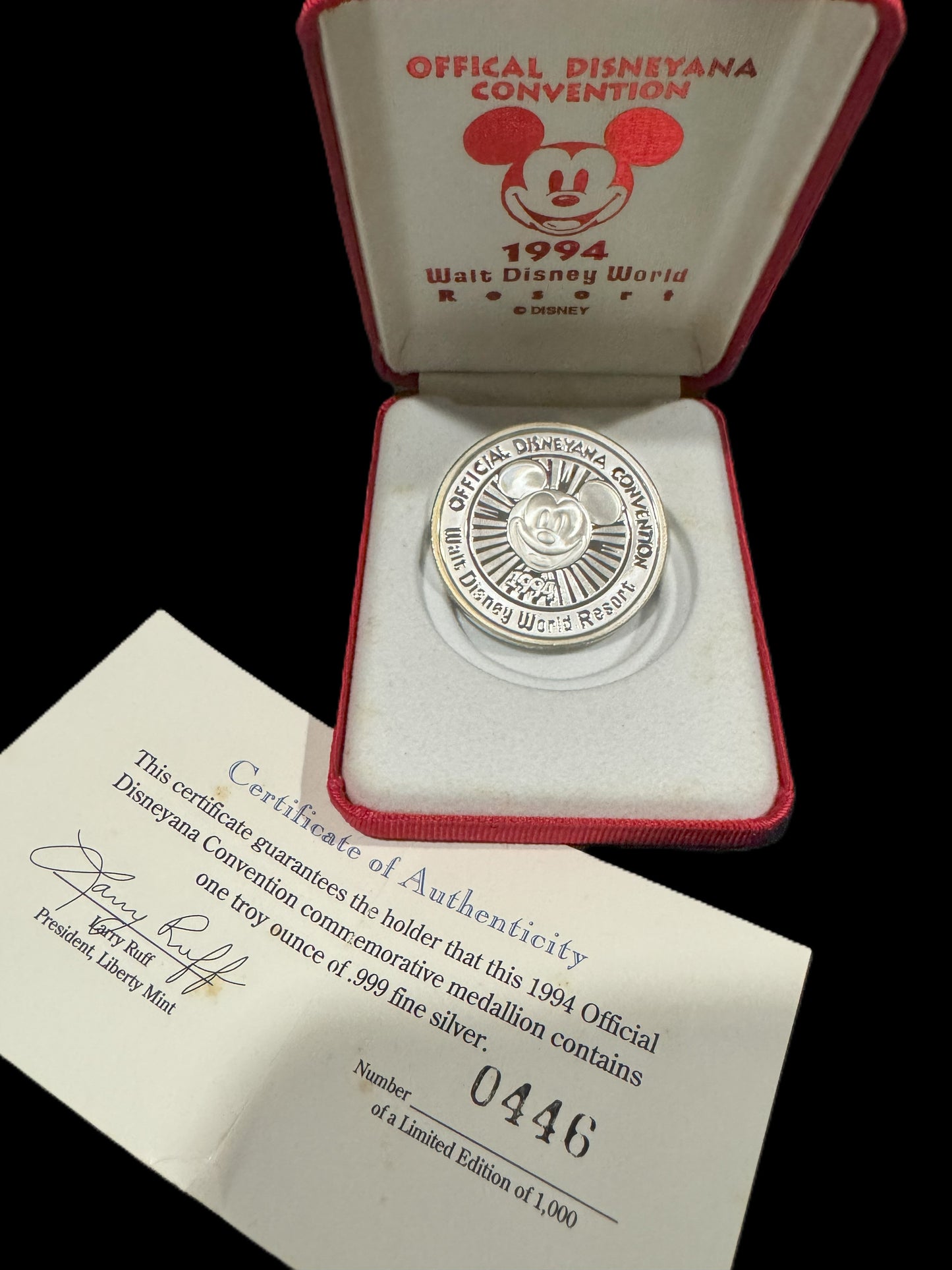 1994 Disneyana Convention 1 oz .999 Silver Coin COA #446