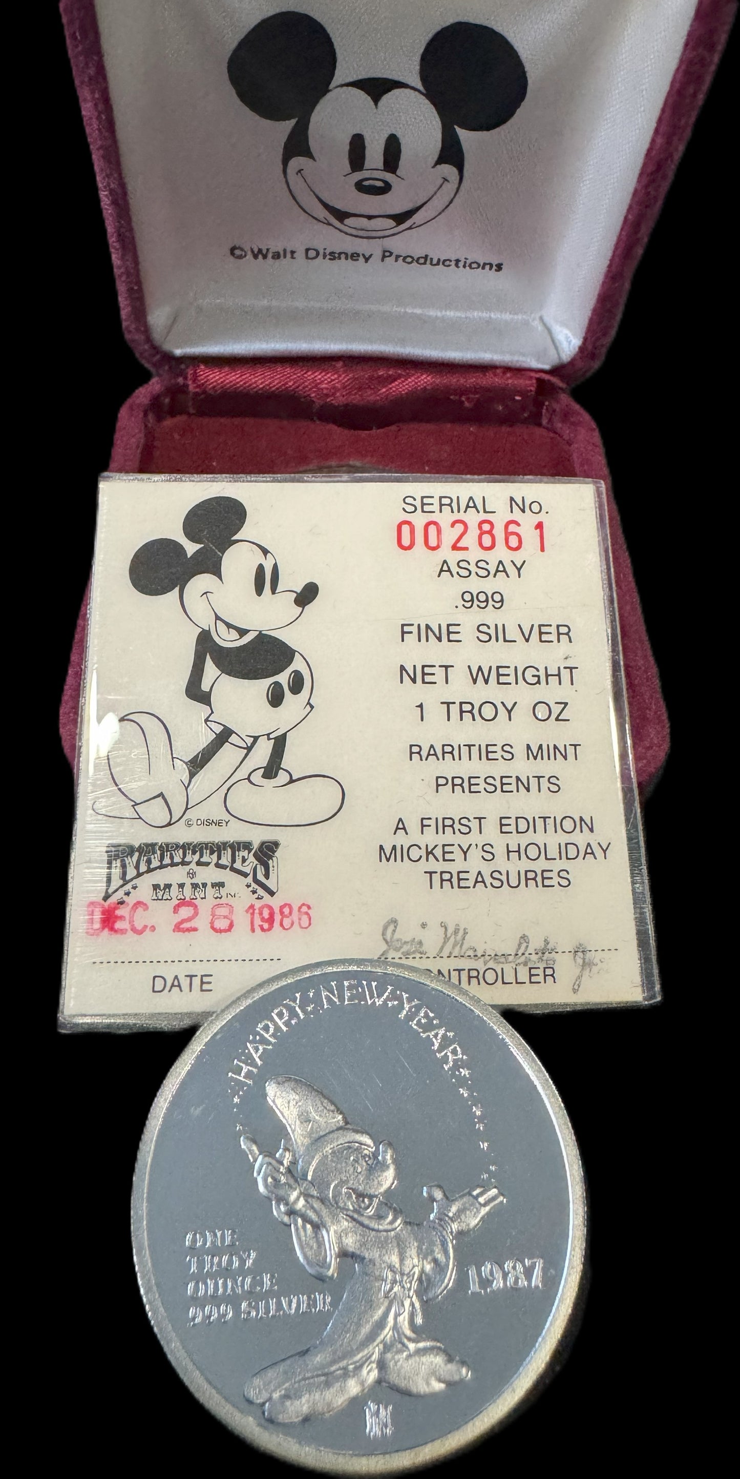 1986 Disney “Mickey’s Holiday Treasures” 1 oz .999 Silver Coin