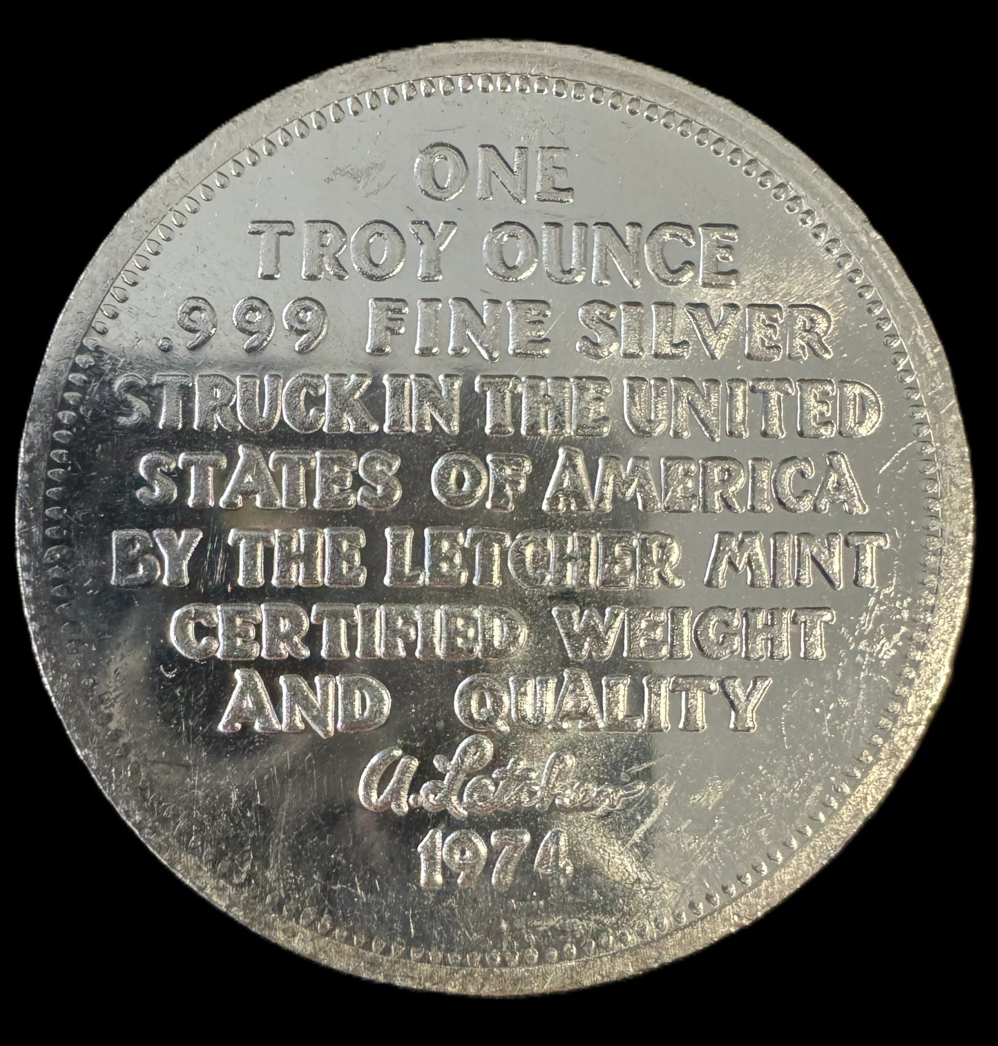 1974 Letcher Mint Eagle 1 oz .999 Silver Coin