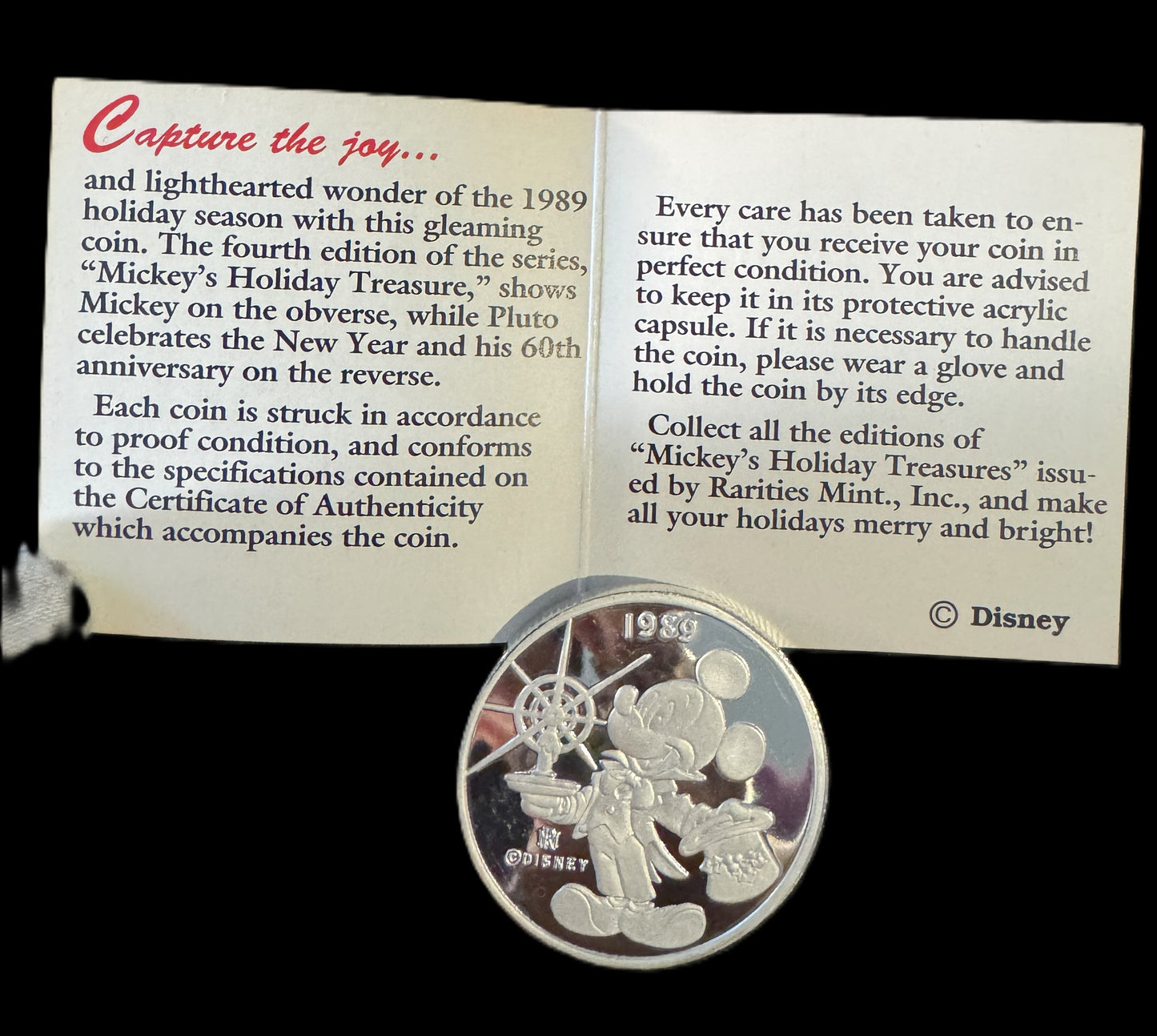 1989 Disney “Mickey’s Holiday Treasures” 1 oz .999 Silver Coin