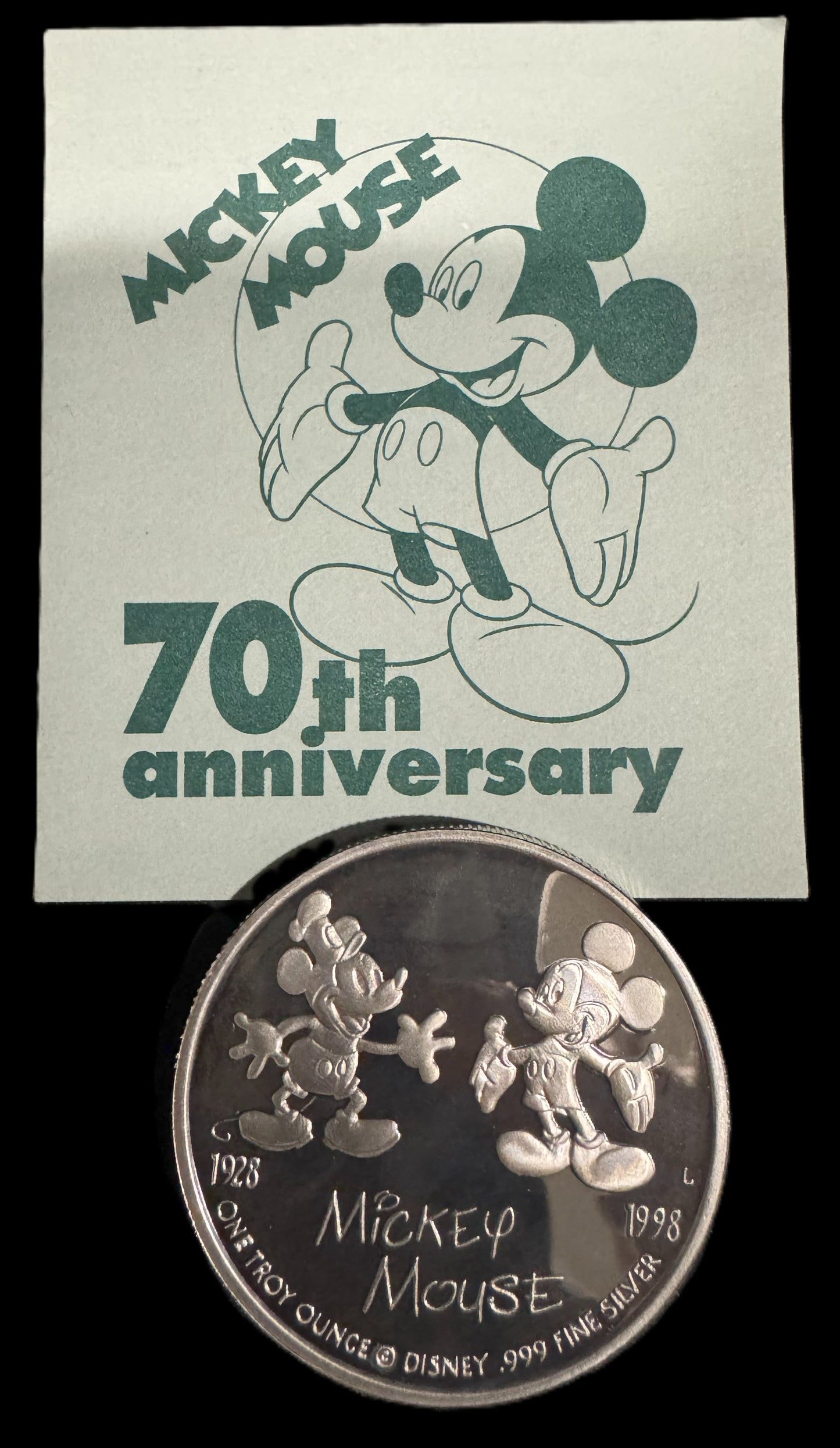 1998 Disney Mickey Mouse 70th Birthday 1 oz .999 Silver Coin COA #0422