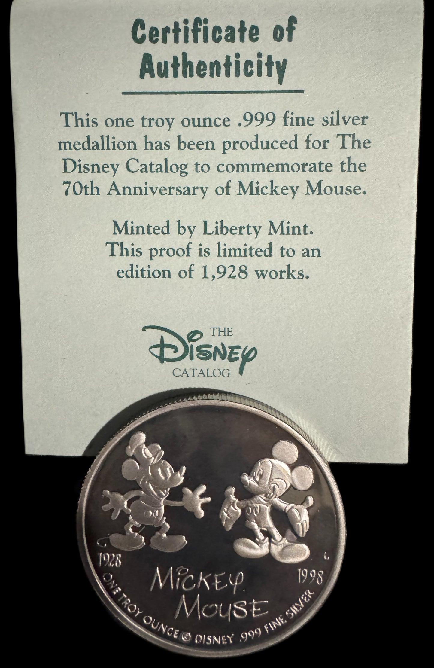 1998 Disney Mickey Mouse 70th Birthday 1 oz .999 Silver Coin COA #0422