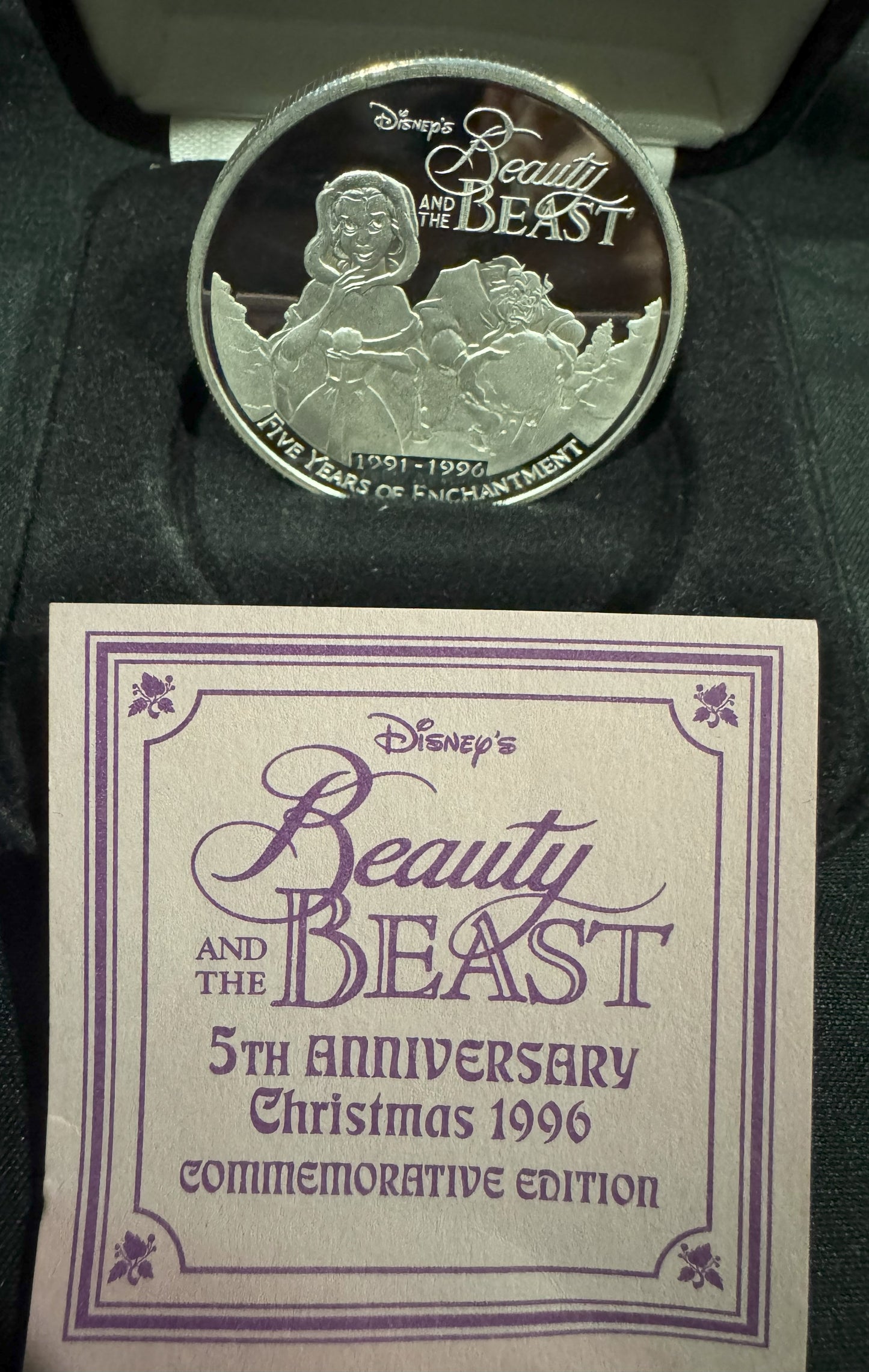 1996 Disney Beauty & The Beast 5th Anniversary 1 oz .999 Silver Coin