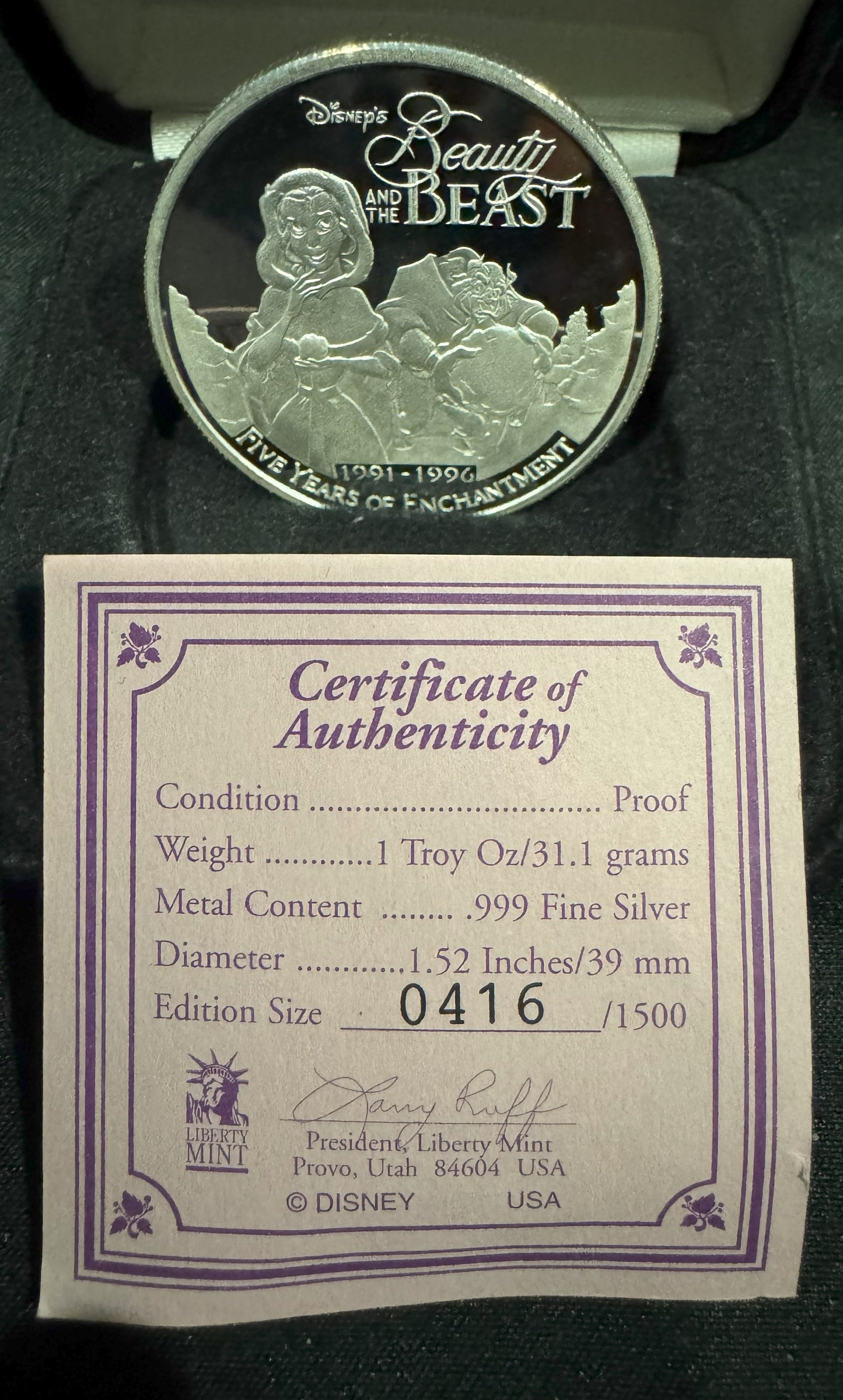 1996 Disney Beauty & The Beast 5th Anniversary 1 oz .999 Silver Coin