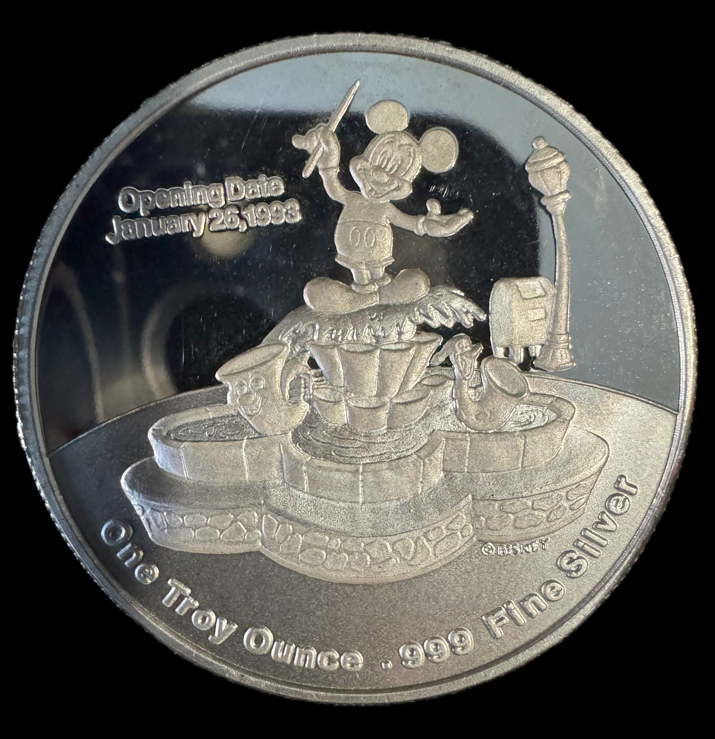 1993 Disney Mickey’s Toontown 1 oz .999 Silver Coin w/24k Gold Relief