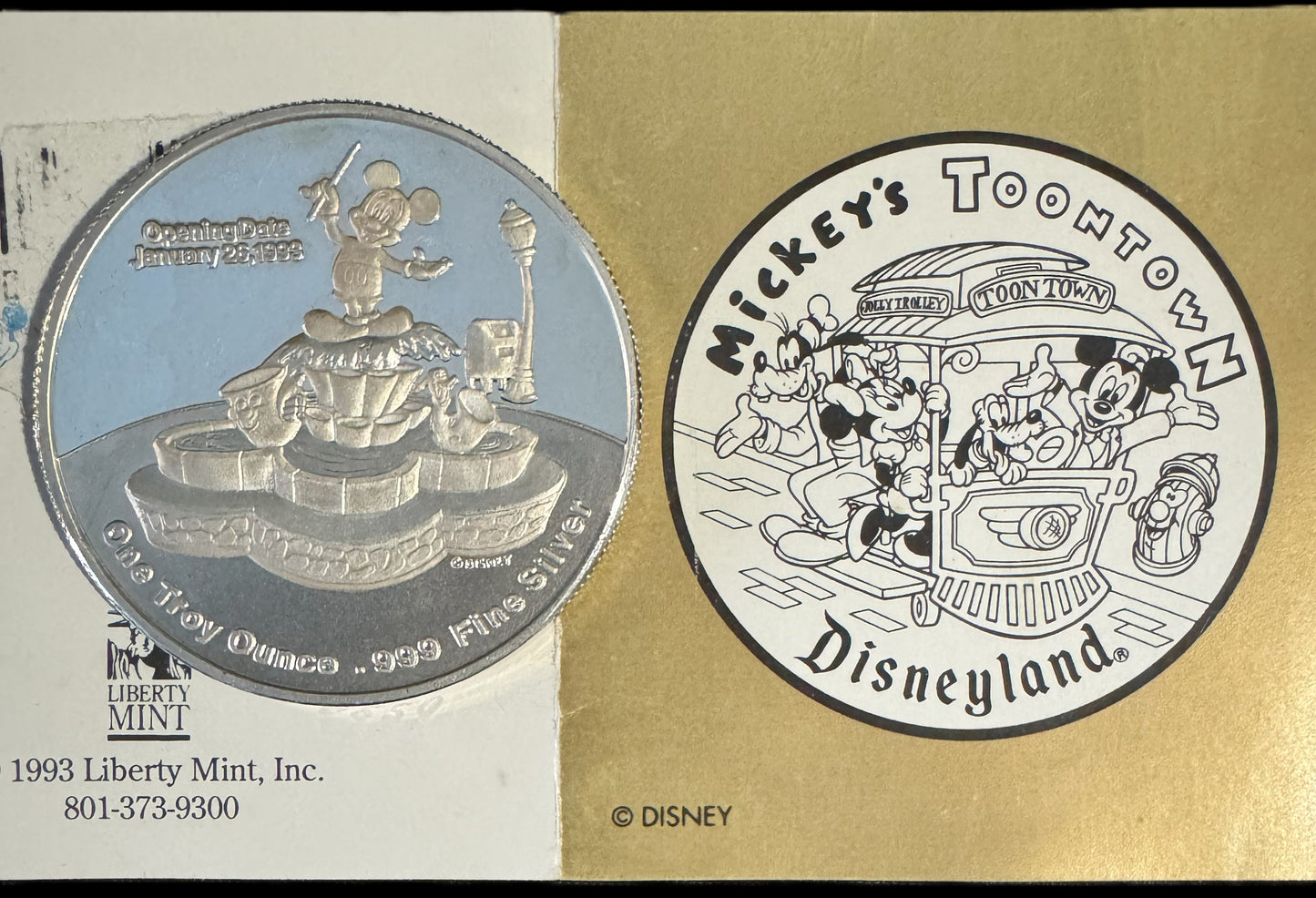 1993 Disney Mickey’s Toontown 1 oz .999 Silver Coin w/24k Gold Relief