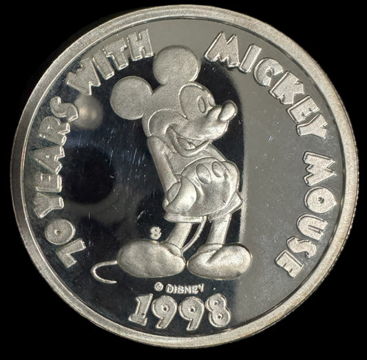 1998 Disney 70 Years With Mickey Mouse 1 oz .999 Silver Coin