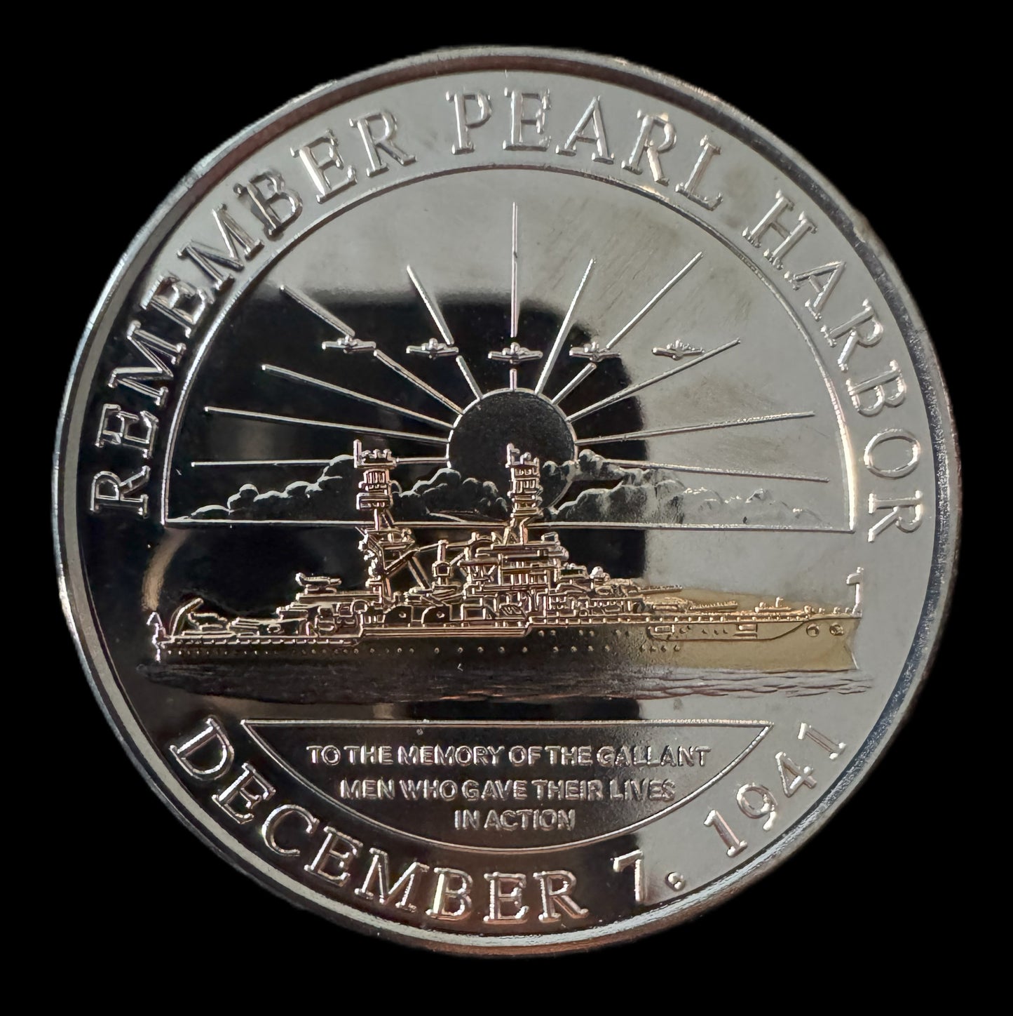1991 Pearl Harbor 50th Anniversary 1 oz .999 Silver Coin w/24K Gold Relief