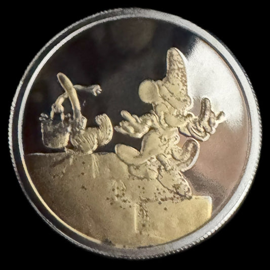 1990 Disney Fantasia Mickey Mouse 1 oz .999 Silver Coin w/22K Gold Relief