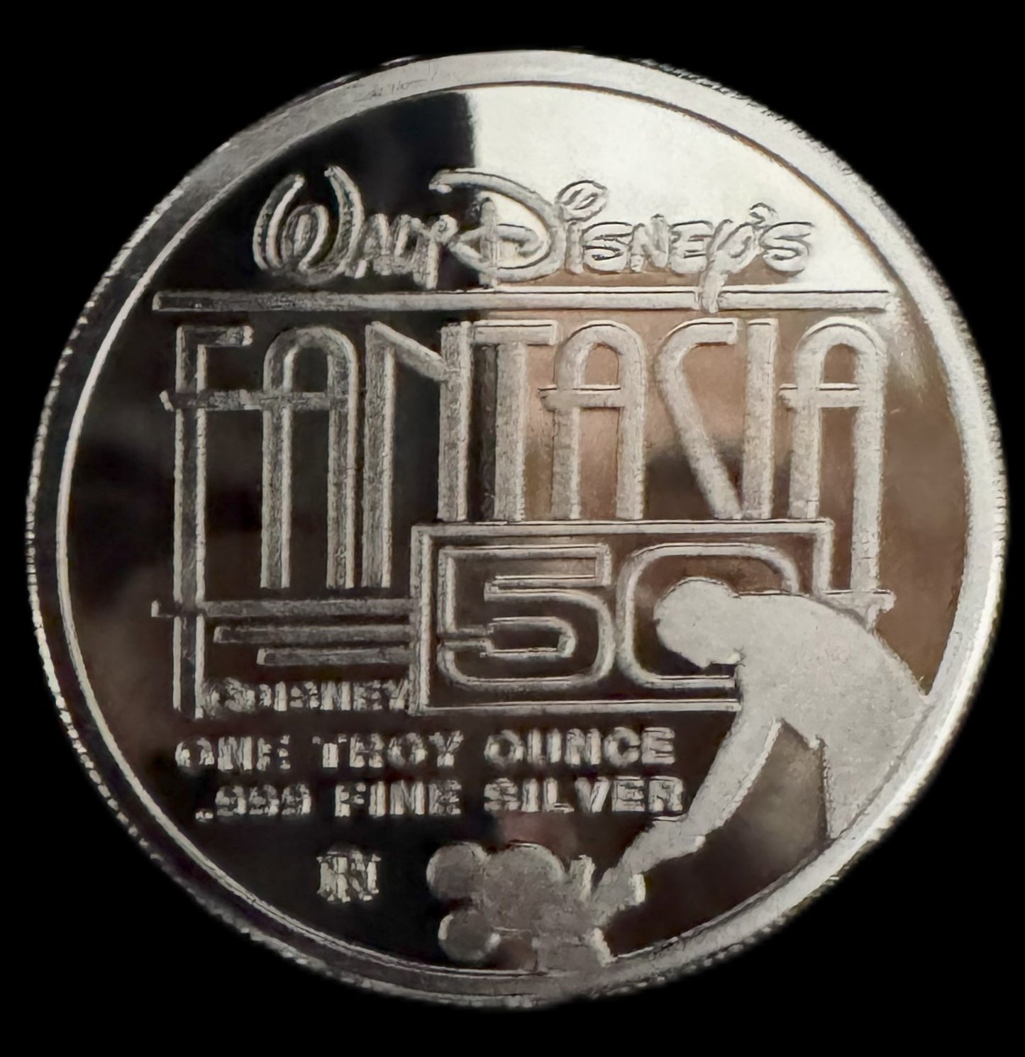 1990 Disney Fantasia Mickey Mouse 1 oz .999 Silver Coin w/22K Gold Relief