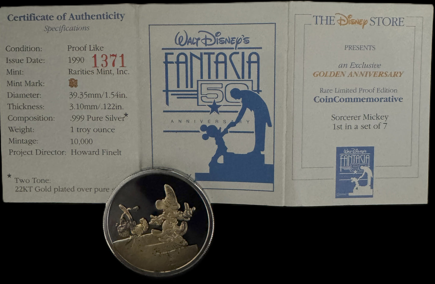 1990 Disney Fantasia Mickey Mouse 1 oz .999 Silver Coin w/22K Gold Relief