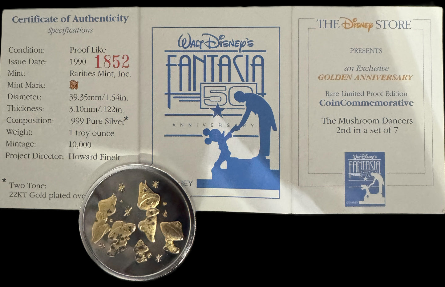 1990 Disney Fantasia Mushroom 1 oz .999 Silver Coin w/22K Gold Relief
