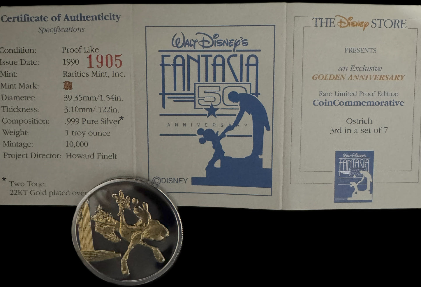 1990 Disney Fantasia Ostrich 1 oz .999 Silver Coin w/22K Gold Relief
