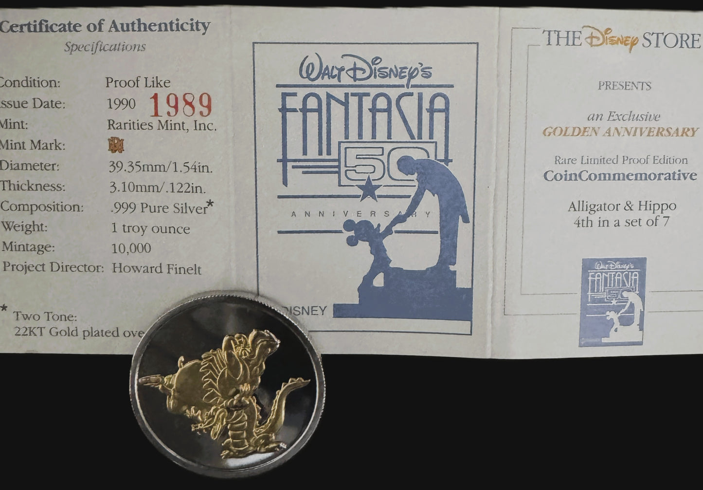 1990 Disney Fantasia Alligator & Hippo 1 oz .999 Silver Coin w/22K Gold Relief