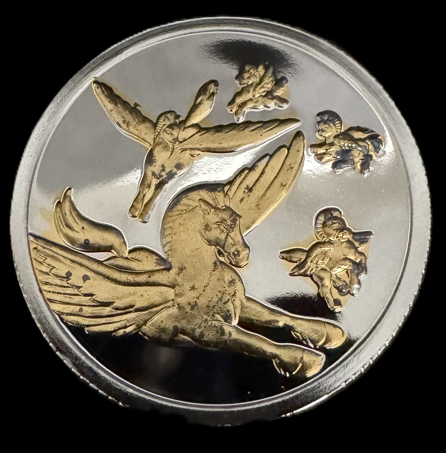1990 Disney Fantasia Pegasus & Family 1 oz .999 Silver Coin w/22K Gold Relief