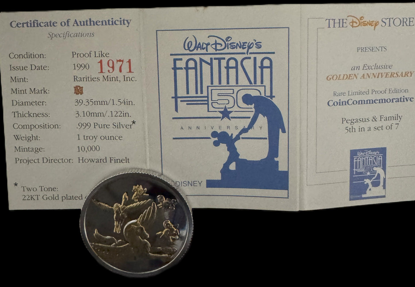 1990 Disney Fantasia Pegasus & Family 1 oz .999 Silver Coin w/22K Gold Relief