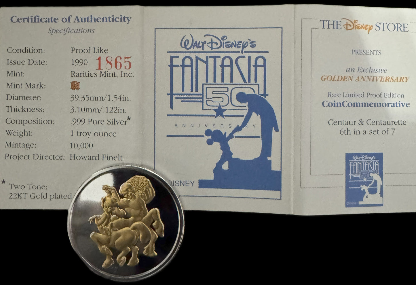 1990 Disney Fantasia Centaur & Centaurette 1 oz .999 Silver Coin w/22K Gold Relief
