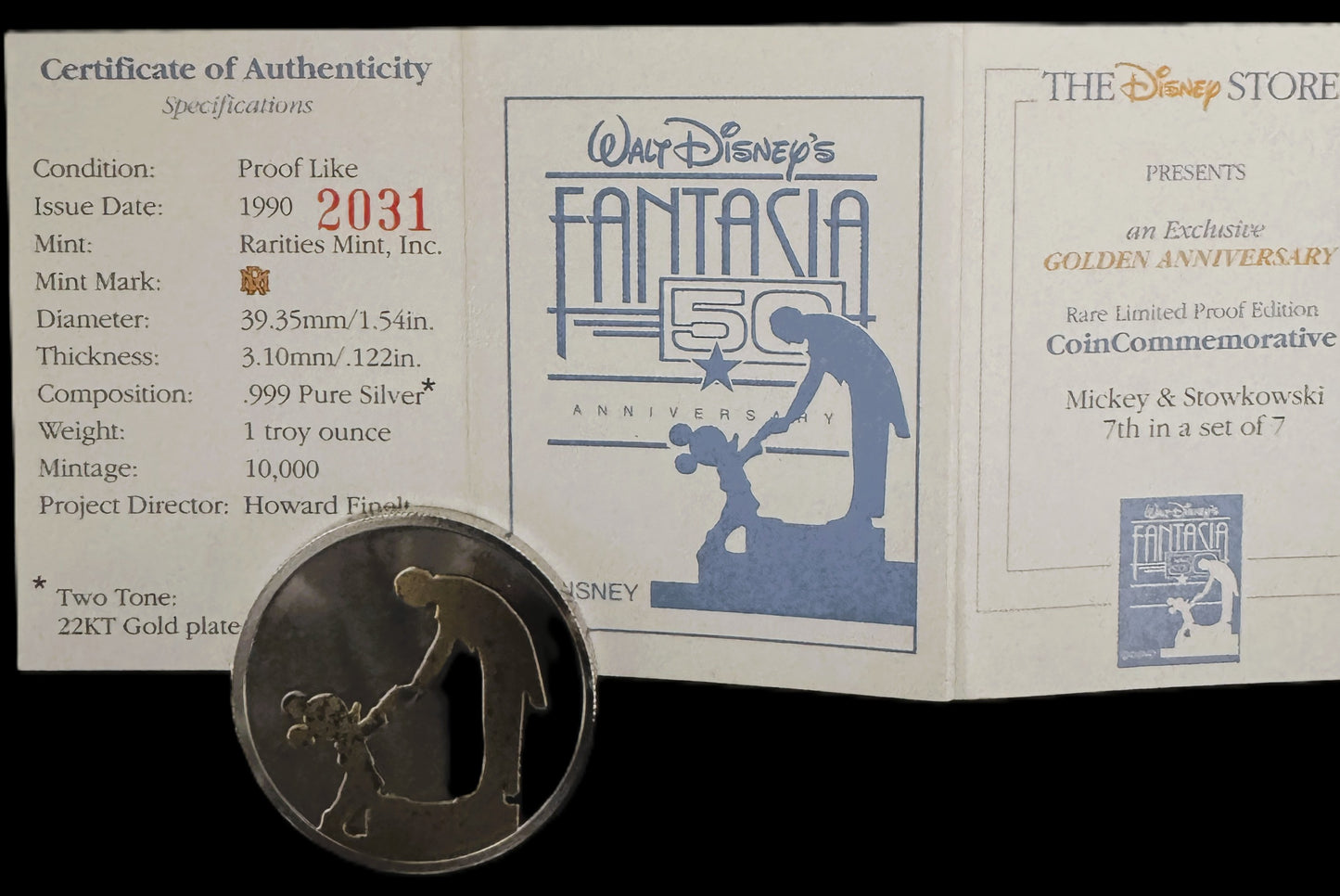 1990 Disney Fantasia Mickey & Stowkowski 1 oz .999 Silver Coin w/22K Gold Relief