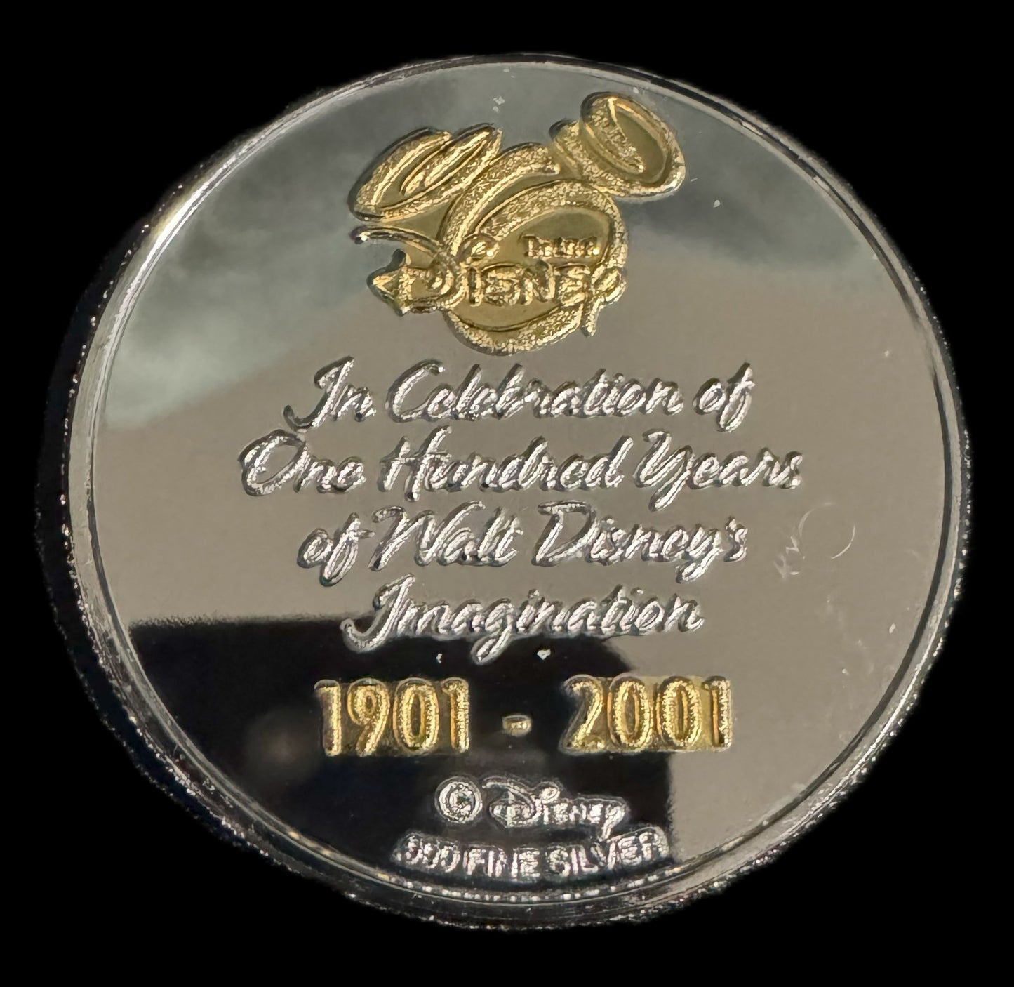 2001 Disney 100th Anniversary 1 oz .999 Silver Coin w/24k Gold Relief