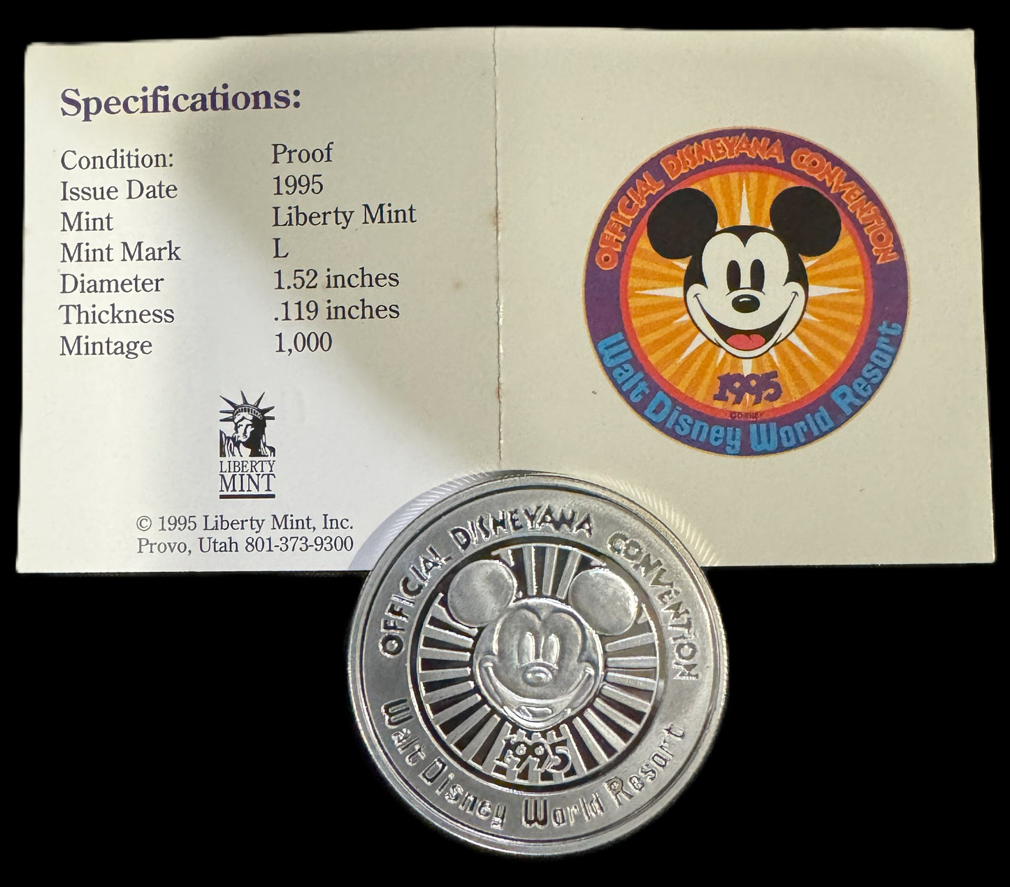 1994 Disneyana Convention 1 oz .999 Silver Coin COA #0818