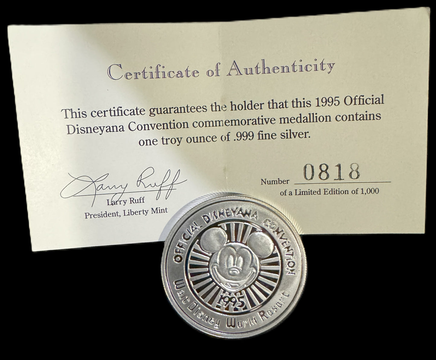 1994 Disneyana Convention 1 oz .999 Silver Coin COA #0818