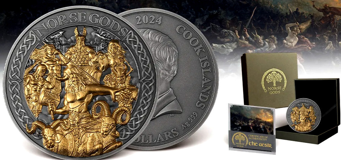 2024 Nordic Gods The Aesir 5 oz .999 Silver Coin w/24K Gold Relief