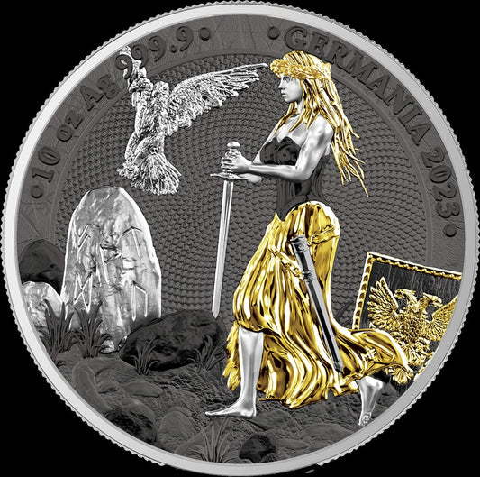 2023 Germania Lady ANA 10 oz .999 Silver Coin w/24K Gold Relief