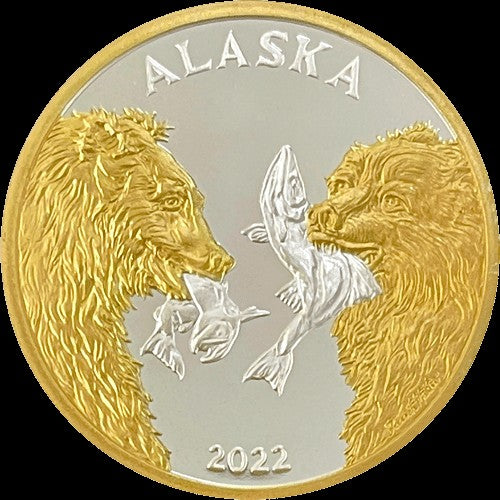 2022 State of Alaska Hungry Bears 1 oz .999 Silver Coin w/24K Gold Relief