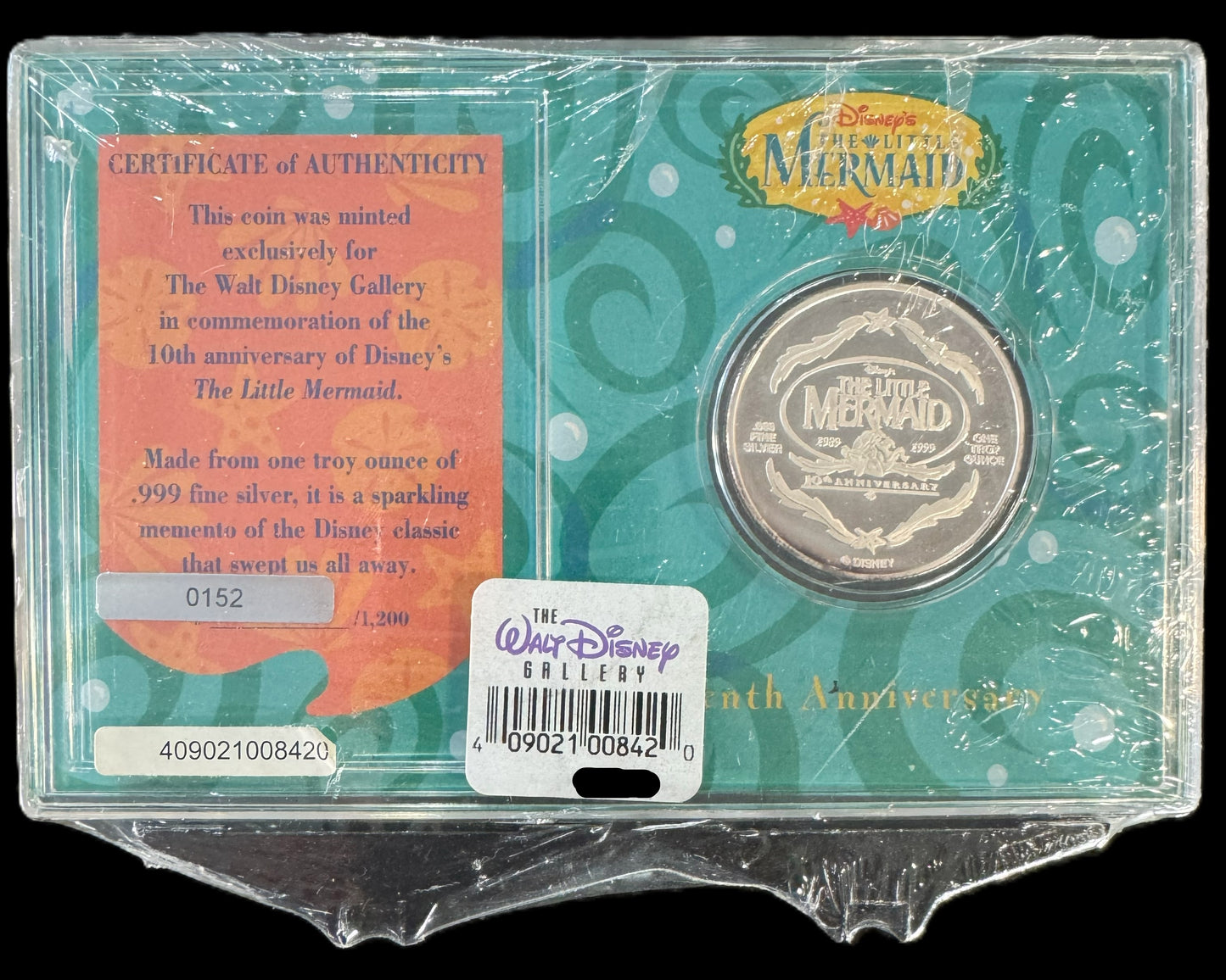 1999 Disney The Little Mermaid 10th Anniversary 1 oz .999 Silver Coin