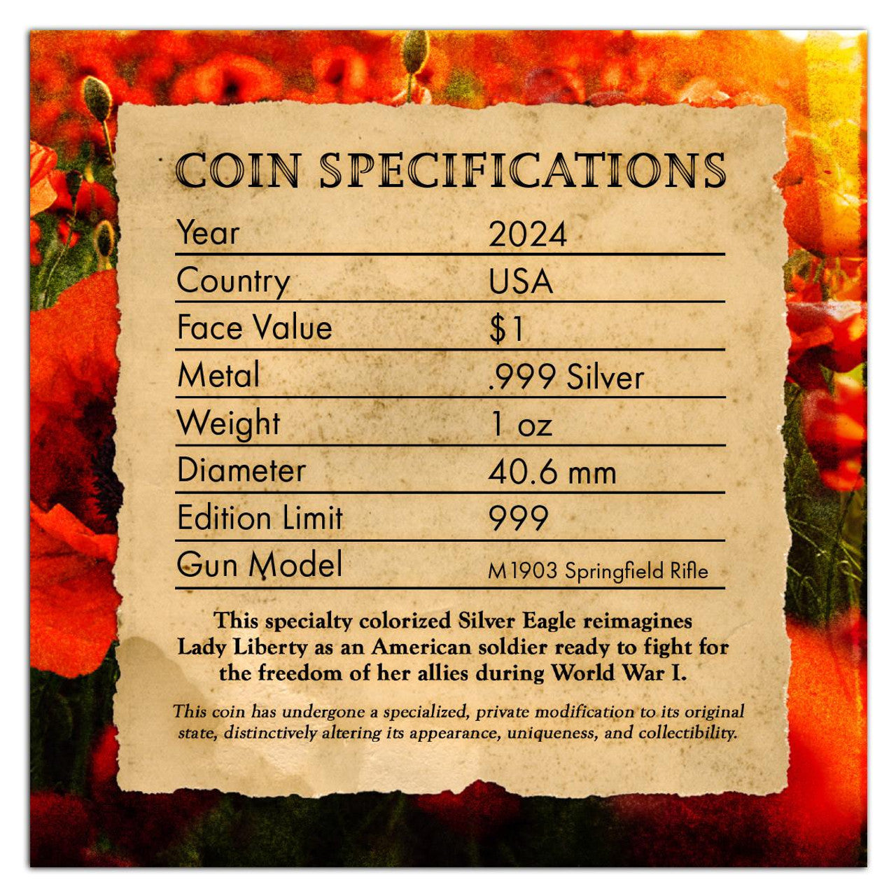 2024 American Eagle Lady Liberty WWI 1oz .999 Silver Coin