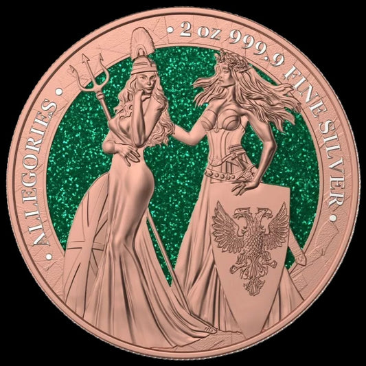 2019 Britannia Germania 2 oz .999 Silver Coin w/Gold Relief & Green Diamond Dust