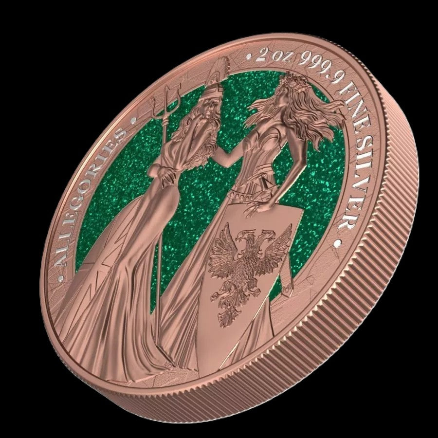2019 Britannia Germania 2 oz .999 Silver Coin w/Gold Relief & Green Diamond Dust